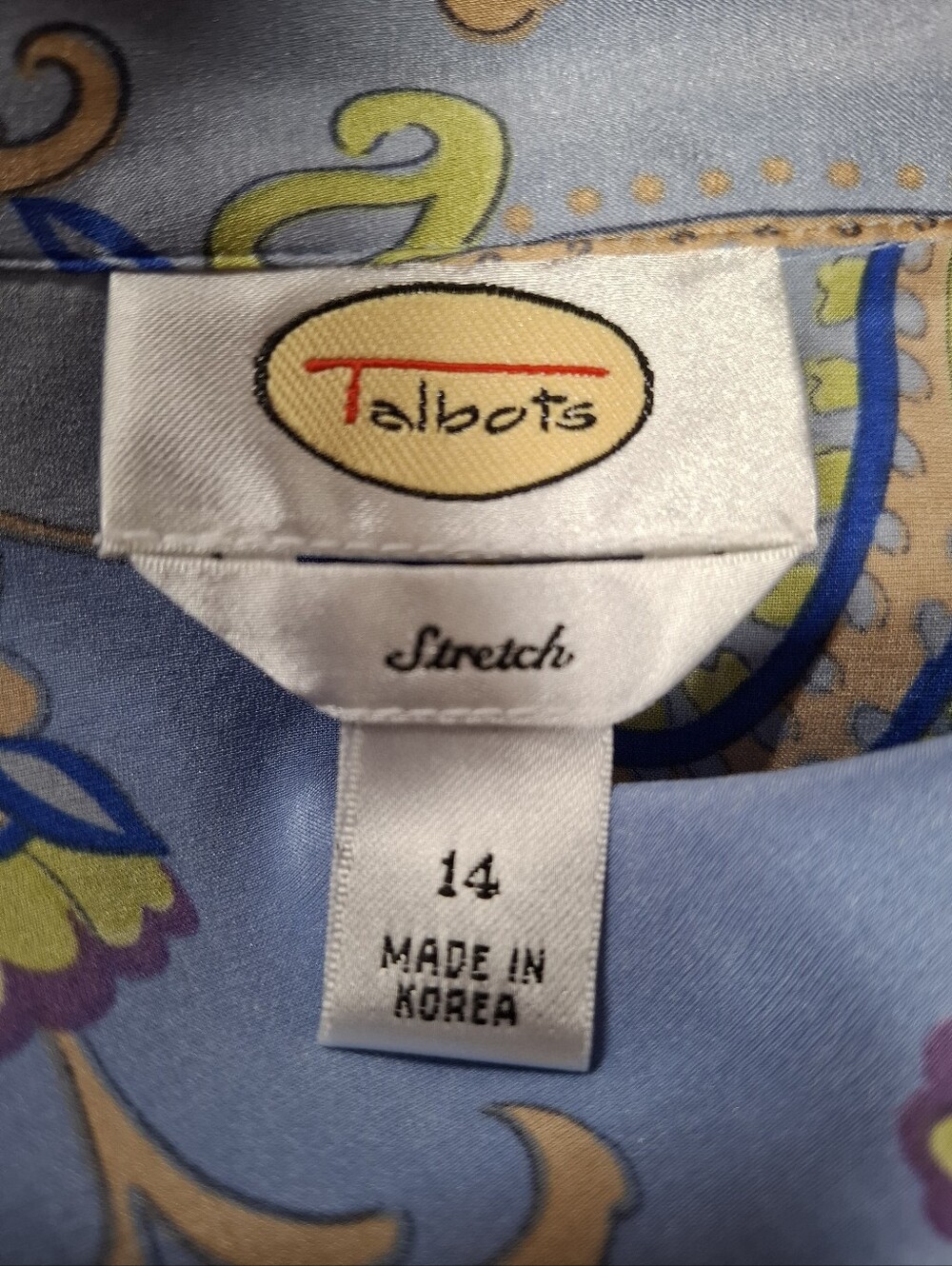 Vintage Talbots Silk spandex Blue Paisley Button Down Blouse Size 14 - Picture 2 of 8